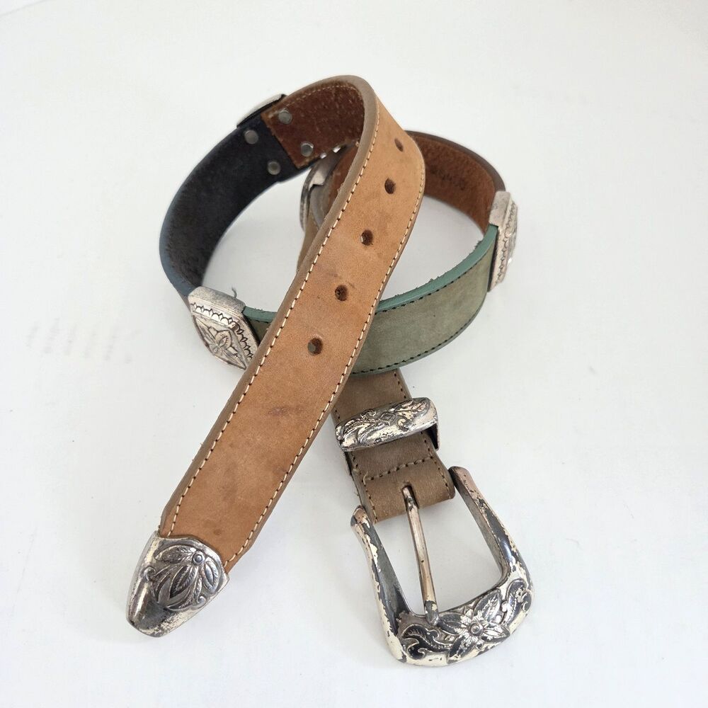 VTG 90s Brighton Women's Leather Belt Small Blue Brown Floral Conchos Silver Tip